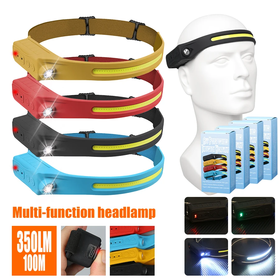 Headlamp Waterproof Rechargeable - Oplaadbare koplamp 350 lumen bewegingssensor LED-koplamp
